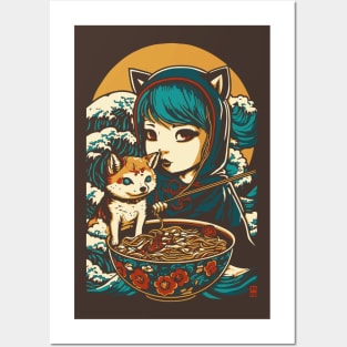 Girl with a Shiba Inu dog friend eats and loves ramen Posters and Art